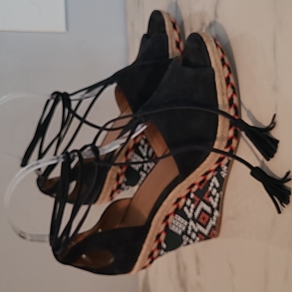 Cabi Isla Leather Suede Navy Blue Wedge Heels Espadrilles Sandals Wmns 7.5 Boho - Picture 4 of 14